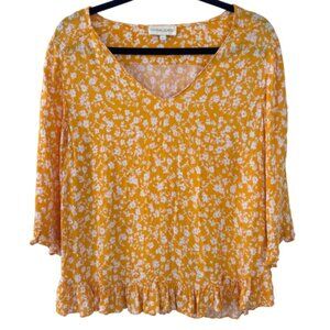 Cynthia Rowley Yellow Floral Viscose Blouse Ruffle Hem V-Neck 3/4 Sleeve Size L
